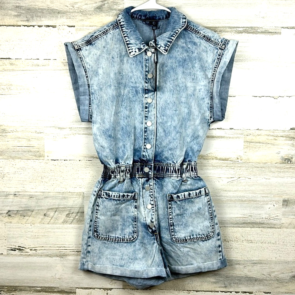Blank NYC Womens XS Boho Button Denim Jean Casual Romper Elastic Waist NWT